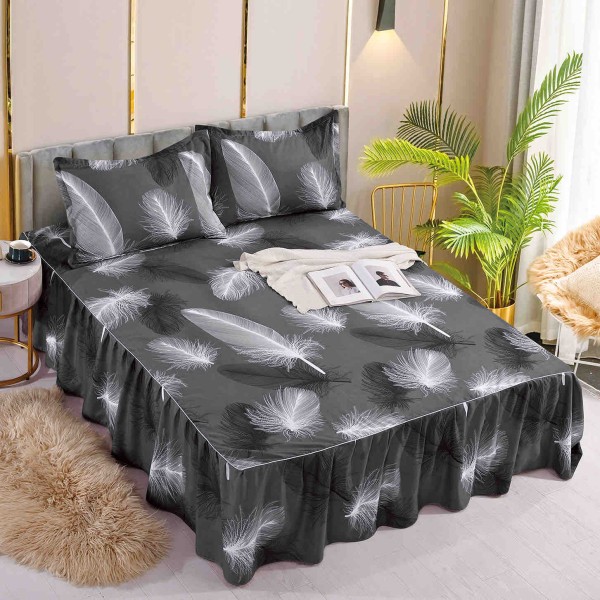 Cearsaf cu volanase, Bumbac FINET, 180x200cm, 2 fete de perne 50x70cm, Jojo Home, Gri-Alb, pene [1]