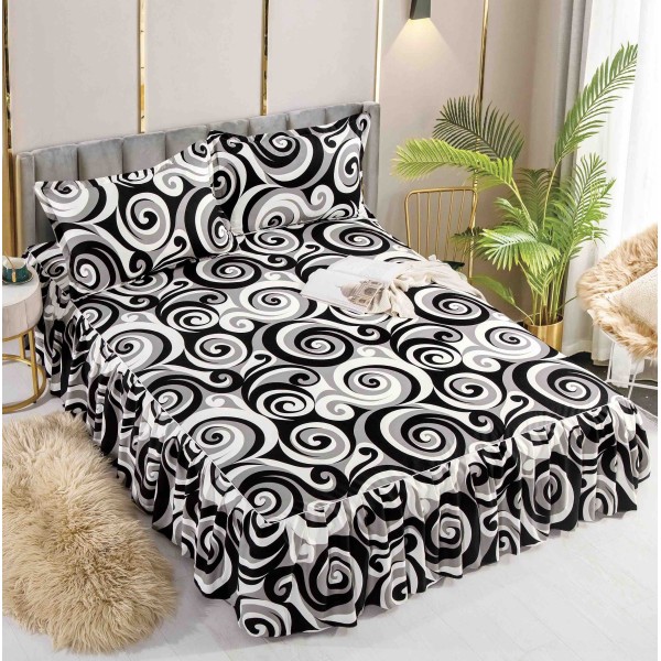 Cearsaf cu volanase, Bumbac FINET, 180x200cm, 2 fete de perne 50x70cm, Jojo Home, Alb-Negru, model abstract [1]