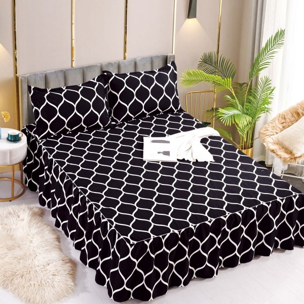 Cearsaf cu volanase, Bumbac FINET, 180x200cm, 2 fete de perne 50x70cm, Jojo Home, Negru-Alb, model elegant [1]