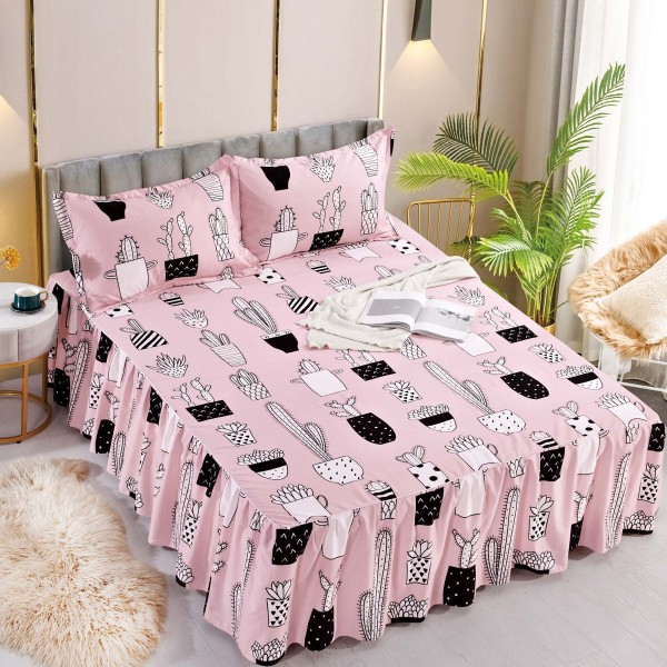 Cearsaf cu volanase, Bumbac FINET, 180x200cm, 2 fete de perne 50x70cm, Jojo Home, Roz-Negru, cactusi [1]