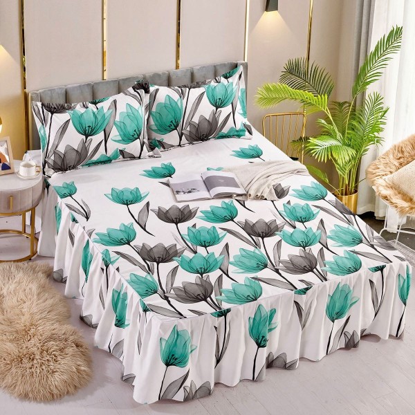 Cearsaf cu volanase, Bumbac FINET, 180x200cm, 2 fete de perne 50x70cm, Jojo Home, Alb-Turquoise, lalele [1]