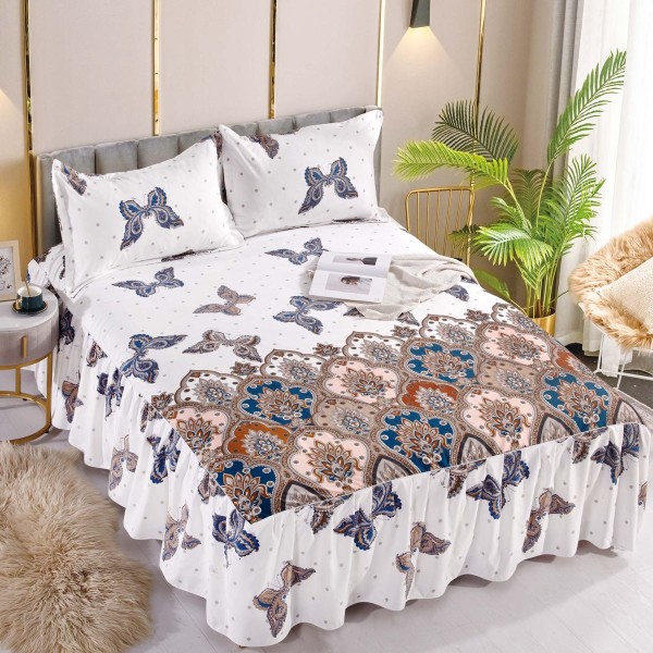Cearsaf cu volanase, Bumbac FINET, 180x200cm, 2 fete de perne 50x70cm, Jojo Home, Alb-Multicolor, fluturi [1]