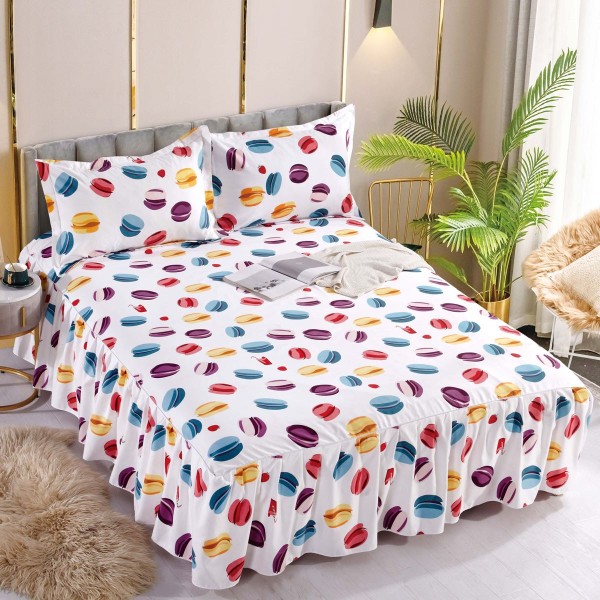 Cearsaf cu volanase, Bumbac FINET, 180x200cm, 2 fete de perne 50x70cm, Jojo Home, Alb-Multicolor, macarons [1]