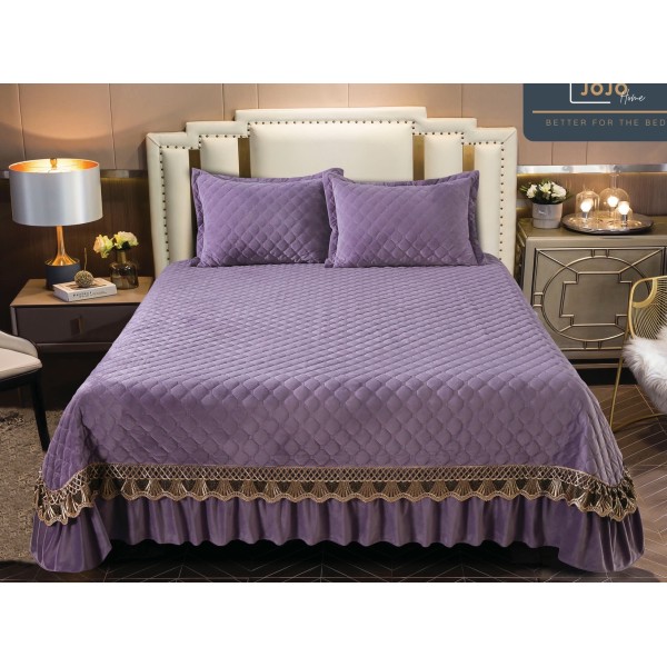 Cuvertura pat dublu, 3 piese, Catifea Matlasata cu Broderie Aurie, 250x270cm, Jojo Home, Mov [1]