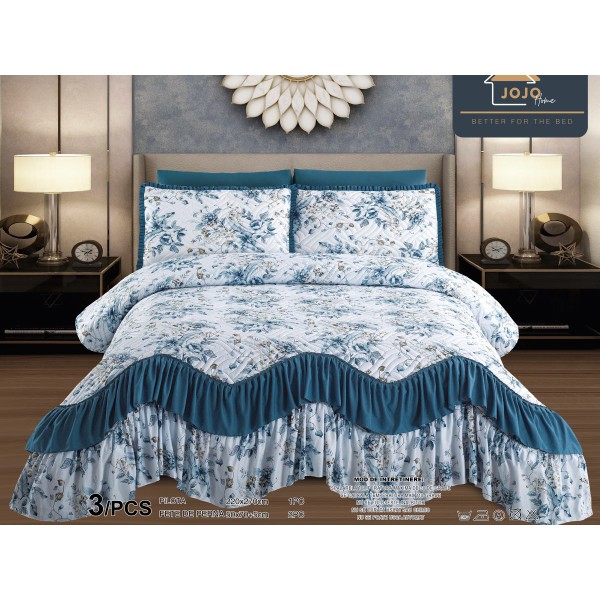 Cuvertura pat dublu, 3 piese, Bumbac Finet, 220x270cm, cu volanase, Jojo Home, Alb-Albastru, flori [1]