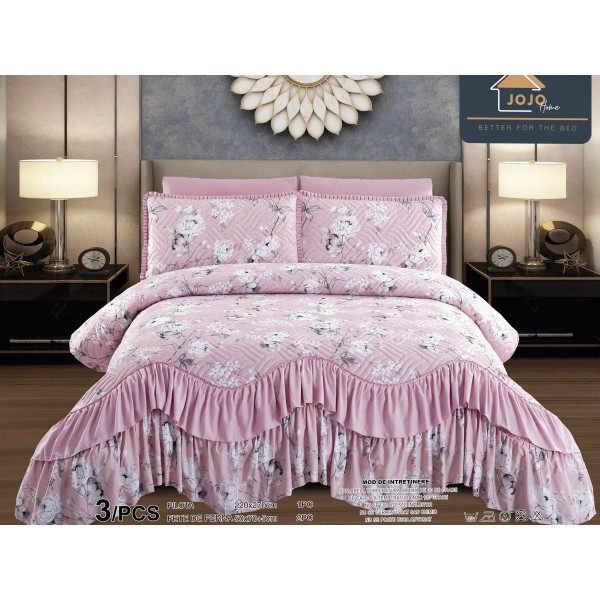 Cuvertura pat dublu, 3 piese, Bumbac Finet, 220x270cm, cu volanase, Jojo Home, Roz, flori [1]