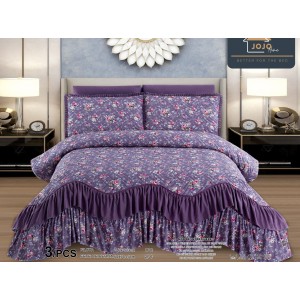 Cuvertura pat dublu, 3 piese, Bumbac Finet, 220x270cm, cu volanase, Jojo Home, Mov, flori