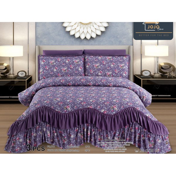 Cuvertura pat dublu, 3 piese, Bumbac Finet, 220x270cm, cu volanase, Jojo Home, Mov, flori [1]