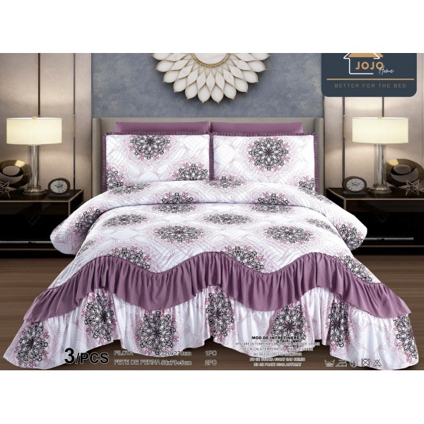 Cuvertura pat dublu, 3 piese, Bumbac Finet, 220x270cm, cu volanase, Jojo Home, Alb-Mov, model elegant [1]