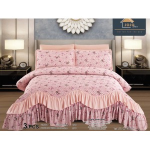 Cuvertura pat dublu, 3 piese, Bumbac Finet, 220x270cm, cu volanase, Jojo Home, Roz, flori