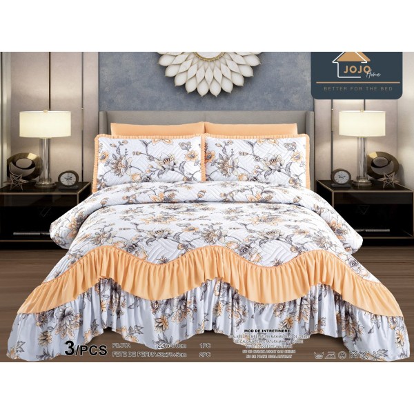 Cuvertura pat dublu, 3 piese, Bumbac Finet, 220x270cm, cu volanase, Jojo Home, Alb-Galben, flori [1]