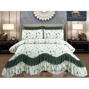 Cuvertura pat dublu, 3 piese, Bumbac Finet, 220x270cm, cu volanase, Jojo Home, Verde, frunze Cuvertura pat dublu, 3 piese, Bumbac Finet, 220x270cm, cu volanase, Jojo Home, Verde, frunze