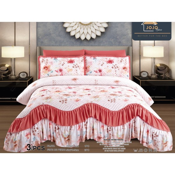 Cuvertura pat dublu, 3 piese, Bumbac Finet, 220x270cm, cu volanase, Jojo Home, Alb-Roz, flori [1]