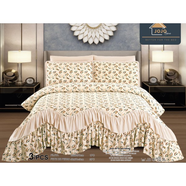 Cuvertura pat dublu, 3 piese, Bumbac Finet, 220x270cm, cu volanase, Jojo Home, Bej, flori [1]