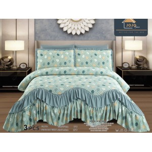 Cuvertura pat dublu, 3 piese, Bumbac Finet, 220x270cm, cu volanase, Jojo Home, Verde, buline
