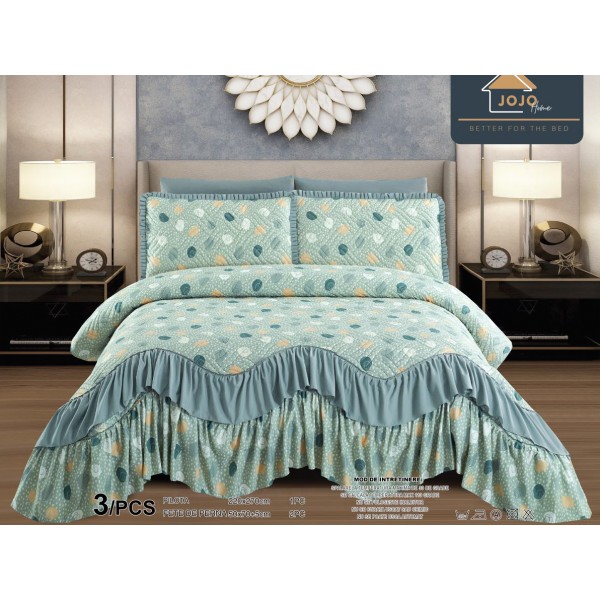 Cuvertura pat dublu, 3 piese, Bumbac Finet, 220x270cm, cu volanase, Jojo Home, Verde, buline [1]