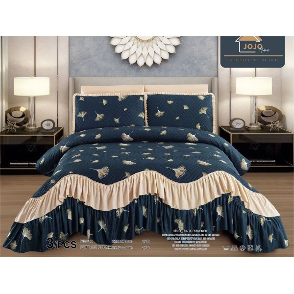 Cuvertura pat dublu, 3 piese, Bumbac Finet, 220x270cm, cu volanase, Jojo Home, Negru-Bej, frunze [1]