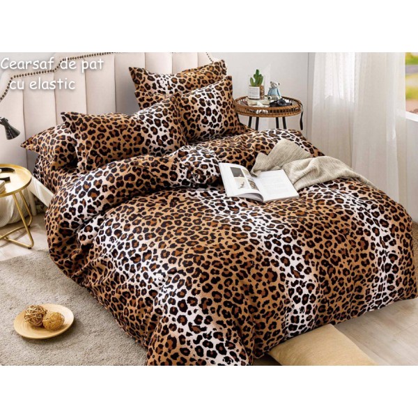 Lenjerie pat dublu,  FINET, 6 piese, cu ELASTIC, Jojo Home, Maro-Multicolor, animal print [1]
