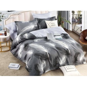 Lenjerie pat dublu,  FINET, 6 piese, cu ELASTIC, Jojo Home, Gri-Alb, pene Lenjerie pat dublu,  FINET, 6 piese, cu ELASTIC, Jojo Home, Gri-Alb, pene
