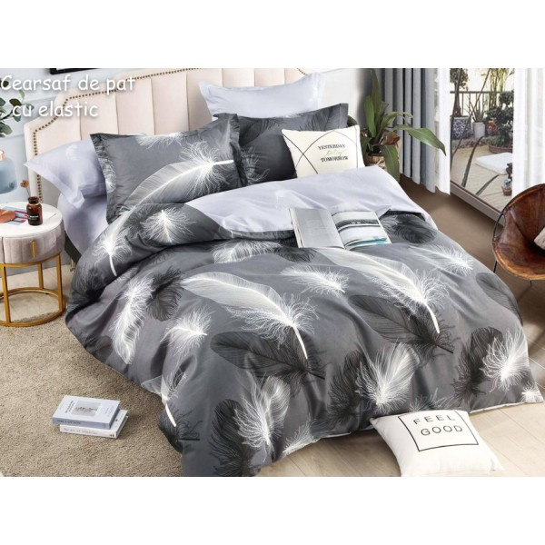 Lenjerie pat dublu,  FINET, 6 piese, cu ELASTIC, Jojo Home, Gri-Alb, pene [1]