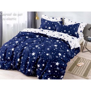Lenjerie pat dublu,  FINET, 6 piese, cu ELASTIC, Jojo Home, Bleumarin-Alb, stelute Lenjerie pat dublu,  FINET, 6 piese, cu ELASTIC, Jojo Home, Bleumarin-Alb, stelute