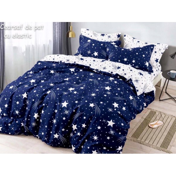 Lenjerie pat dublu,  FINET, 6 piese, cu ELASTIC, Jojo Home, Bleumarin-Alb, stelute [1]