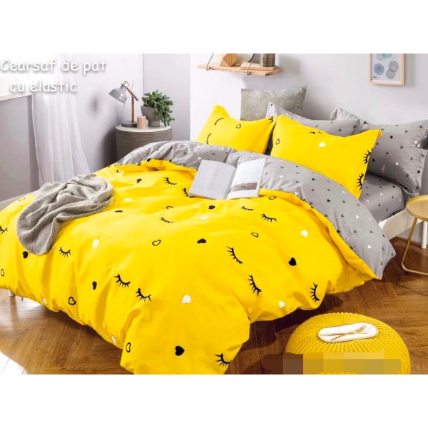 Lenjerie pat dublu,  FINET, 6 piese, cu ELASTIC, Jojo Home, Galben-Gri, gene [1]