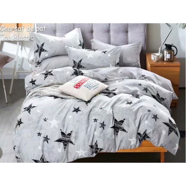 Lenjerie pat dublu,  FINET, 6 piese, cu ELASTIC, Jojo Home, Gri-Negru, stelute [1]