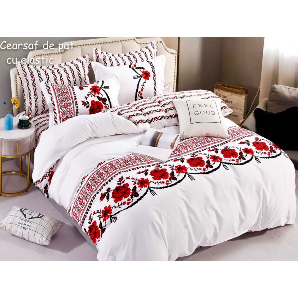 Lenjerie pat dublu,  FINET, 6 piese, cu ELASTIC, Jojo Home, Alb-Rosu, model traditional [1]