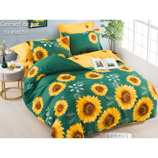 Lenjerie pat dublu,  FINET, 6 piese, cu ELASTIC, Jojo Home, Verde-Galben, floarea soarelui [1]