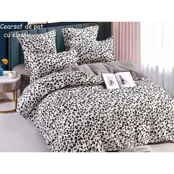 Lenjerie pat dublu,  FINET, 6 piese, cu ELASTIC, Jojo Home, Gri-Negru, animal print [1]