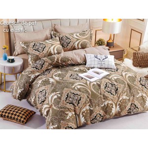 Lenjerie pat dublu,  FINET, 6 piese, cu ELASTIC, Jojo Home, Bej-Maro, model elegant