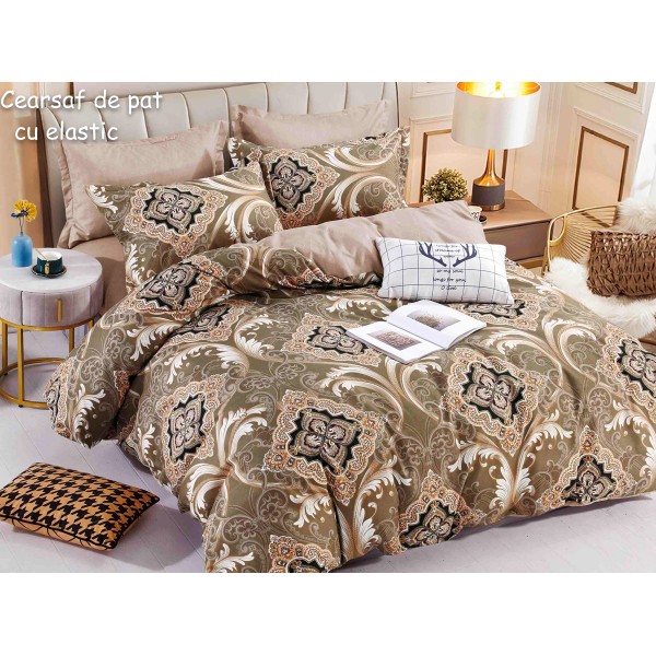 Lenjerie pat dublu,  FINET, 6 piese, cu ELASTIC, Jojo Home, Bej-Maro, model elegant [1]