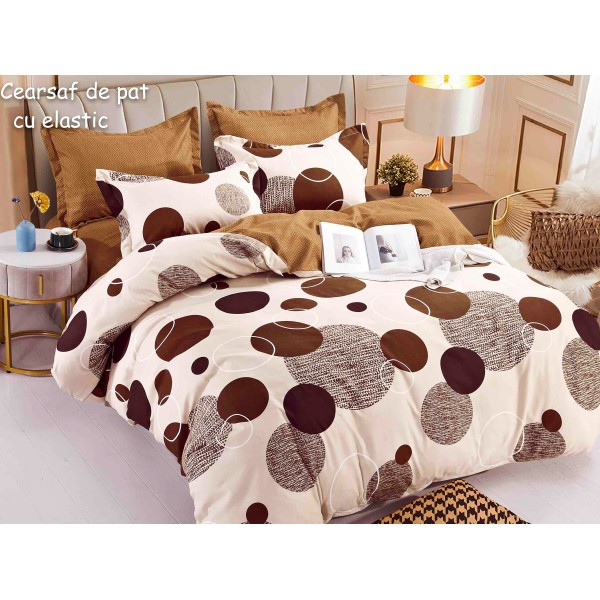 Lenjerie pat dublu,  FINET, 6 piese, cu ELASTIC, Jojo Home, Bej-Maro, buline [1]