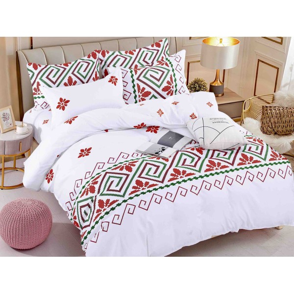 Lenjerie pat dublu,  FINET, 6 piese, cu ELASTIC, Jojo Home, Alb-Rosu, model traditional [1]