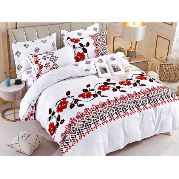 Lenjerie pat dublu,  FINET, 6 piese, cu ELASTIC, Jojo Home, Alb-Rosu, model traditional [1]
