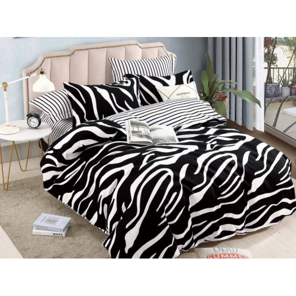 Lenjerie pat dublu,  FINET, 6 piese, cu ELASTIC, Jojo Home, Alb-Negru, animal print [1]