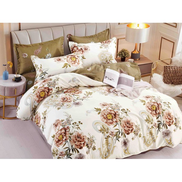 Lenjerie pat dublu,  FINET, 6 piese, cu ELASTIC, Jojo Home, Crem, flori [1]