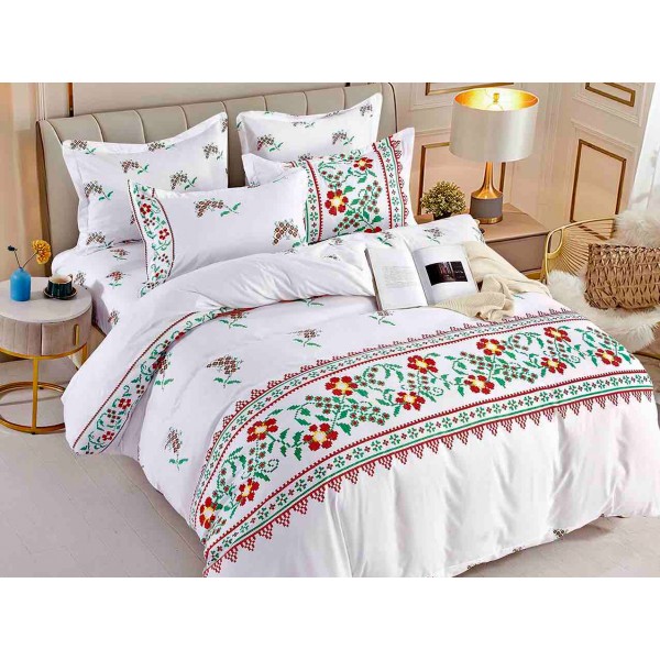 Lenjerie pat dublu,  FINET, 6 piese, cu ELASTIC, Jojo Home, Alb-Rosu-Verde, model traditional [1]