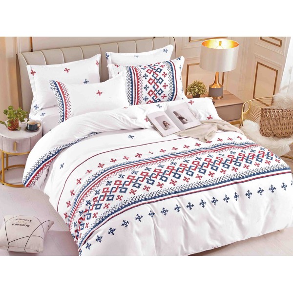 Lenjerie pat dublu,  FINET, 6 piese, cu ELASTIC, Jojo Home, Alb-Rosu-Negru, model traditional [1]