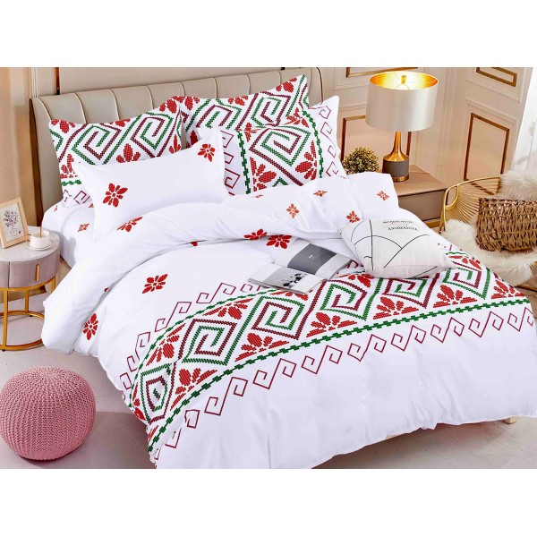 Lenjerie pat dublu,  FINET, 6 piese, cu ELASTIC, Jojo Home, Alb-Rosu-Verde, model traditional [1]