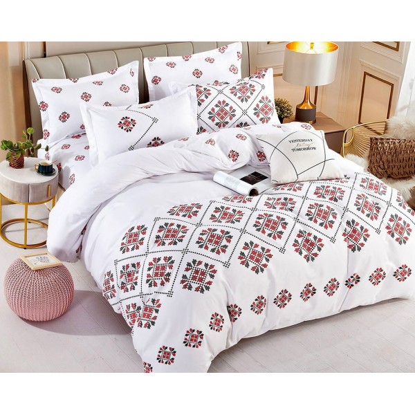Lenjerie pat dublu,  FINET, 6 piese, cu ELASTIC, Jojo Home, Alb-Rosu, model traditional [1]