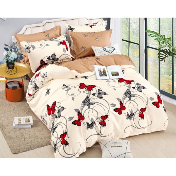 Lenjerie pat dublu,  FINET, 6 piese, cu ELASTIC, Jojo Home, Crem-Multicolor, fluturi [1]