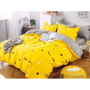 Lenjerie pat dublu,  FINET, 6 piese, Jojo Home, Galben-Gri, gene, inimioare