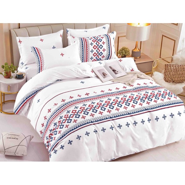 Lenjerie pat dublu,  FINET, 6 piese, Jojo Home, Alb-Rosu-Bleumarin, model traditional [1]