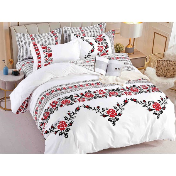 Lenjerie pat dublu,  FINET, 6 piese, Jojo Home, Alb-Rosu, model traditional [1]
