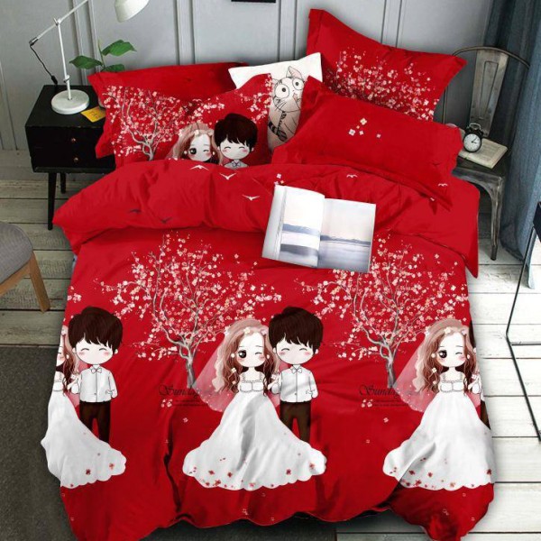 Lenjerie pat dublu,  FINET, 6 piese, Jojo Home, Rosu-Multicolor, indragostiti [1]