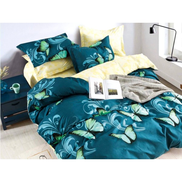 Lenjerie pat dublu,  FINET, 6 piese, Jojo Home, Turquoise-Multicolor, fluturi [1]