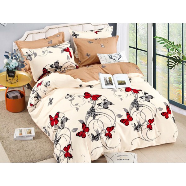 Lenjerie pat dublu,  FINET, 6 piese, Jojo Home, Crem-Negru-Rosu, fluturi [1]