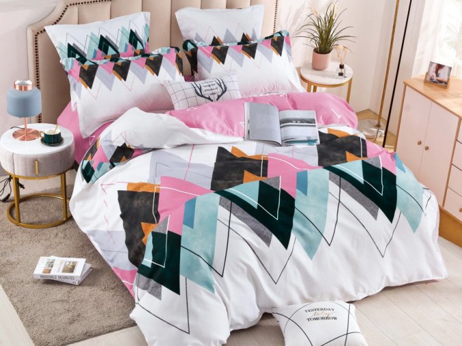 OFERTA 1+1=199 Lei: Lenjerie pat dublu BUMBAC FINET 6 piese Jojo Home Alb-Multicolor forme geometrice